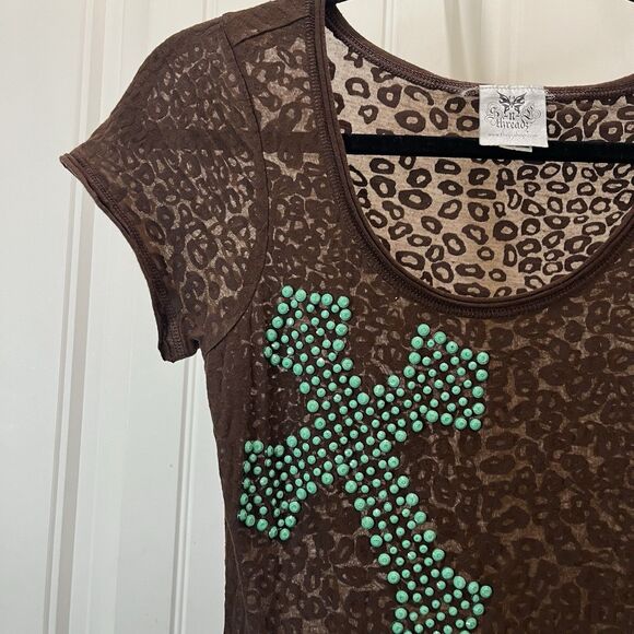 The PJ Shop Brown Animal Print Leopard Cheetah Teal Cross Sheer Top Women Size M - Picture 2 of 10